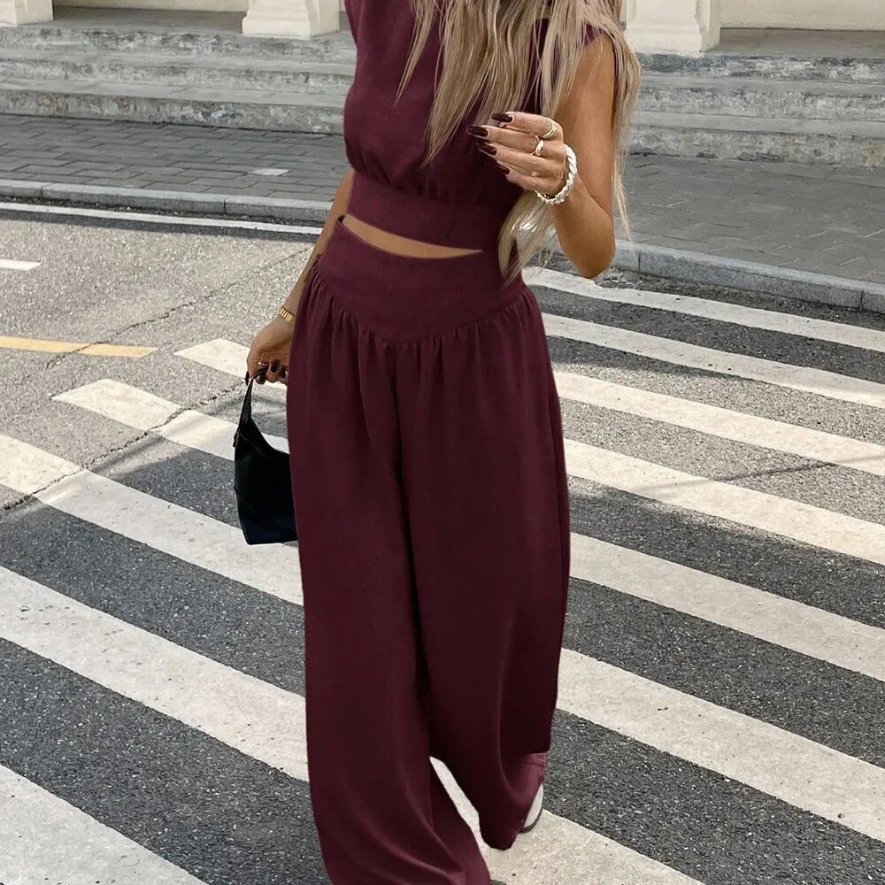Burgundy Casual Women's Cropped Top and Pants Set